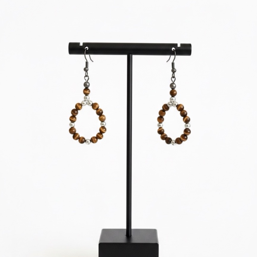 💎 Chic Hand Beaded Tigers Eye Earrings with Silver Accents
